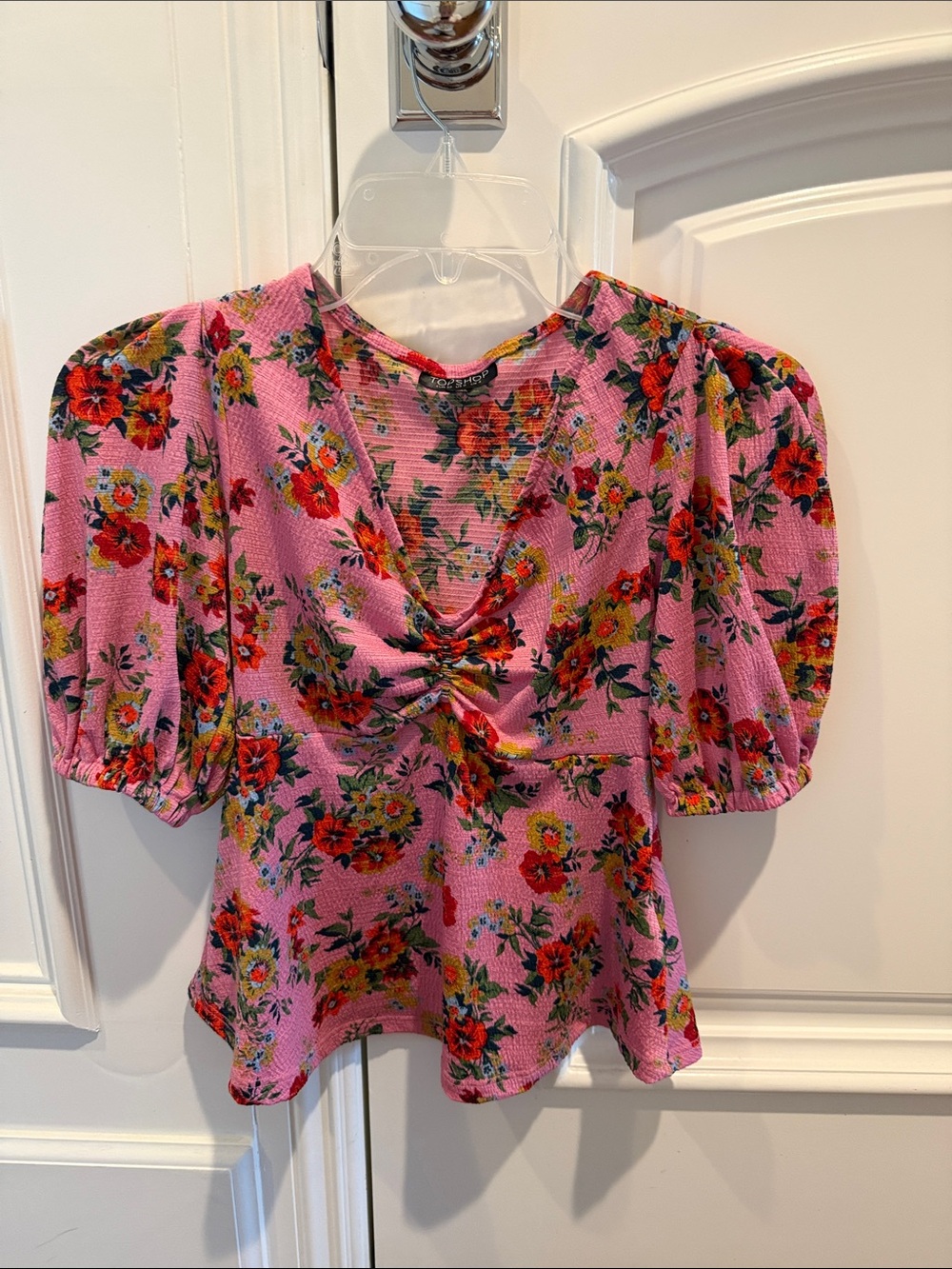 Topshop Pink Floral Puff-Sleeve Ruched V-Neck Blouse